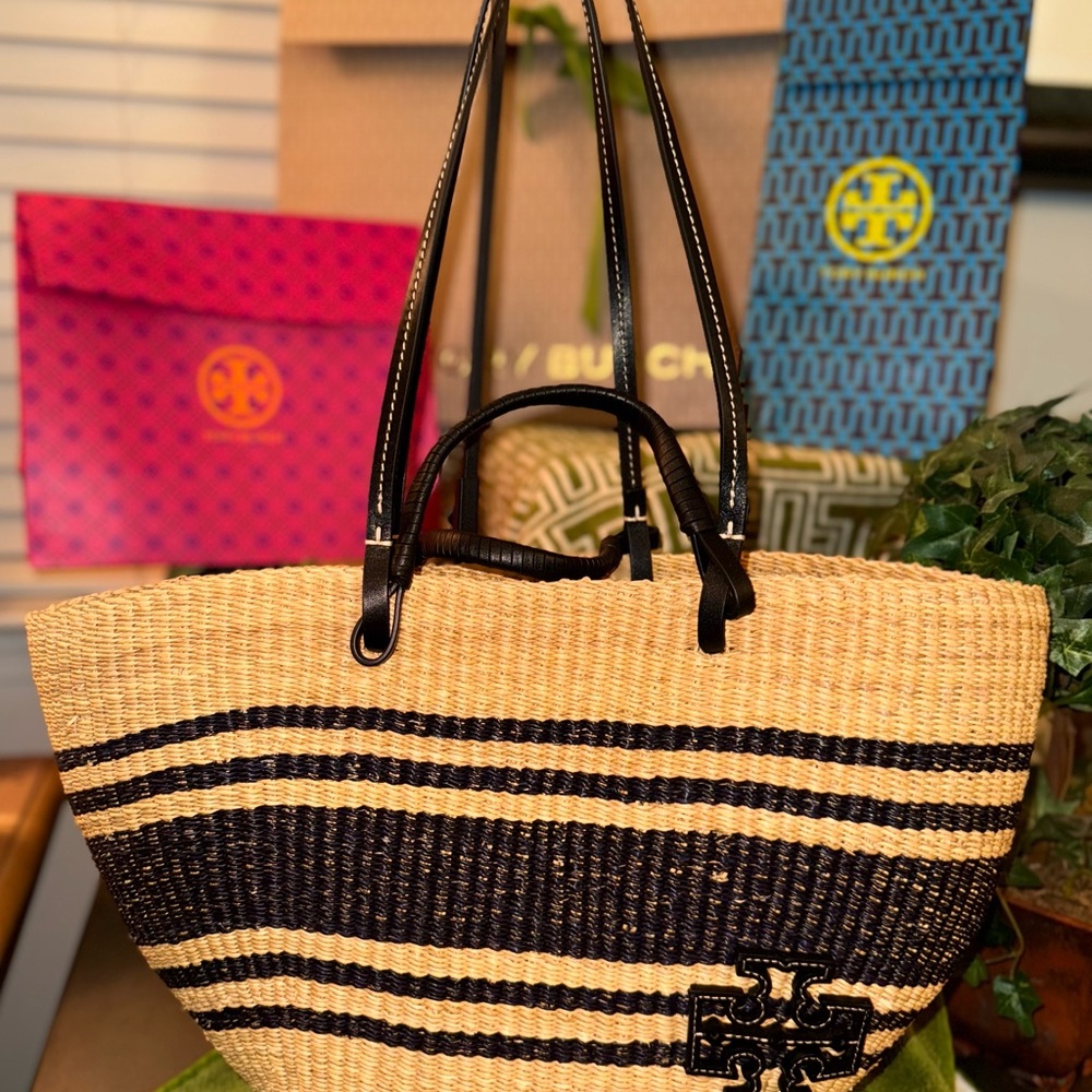 Tory Burch “Ella” Striped Straw Basket Tote